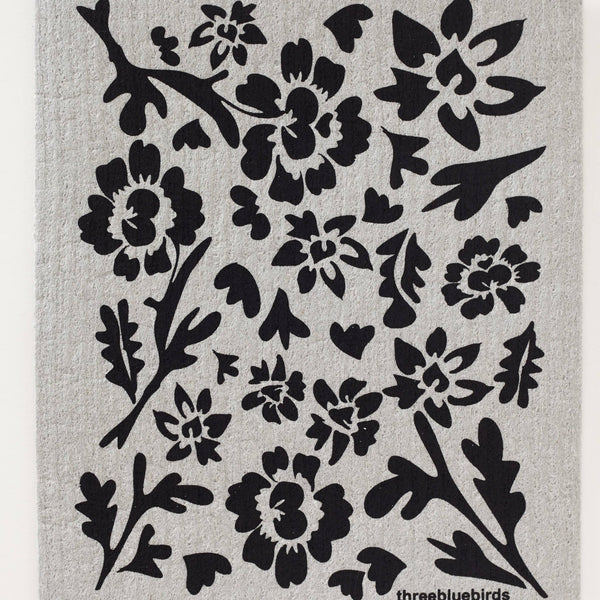 Black Flora on White Swedish Dishcloth