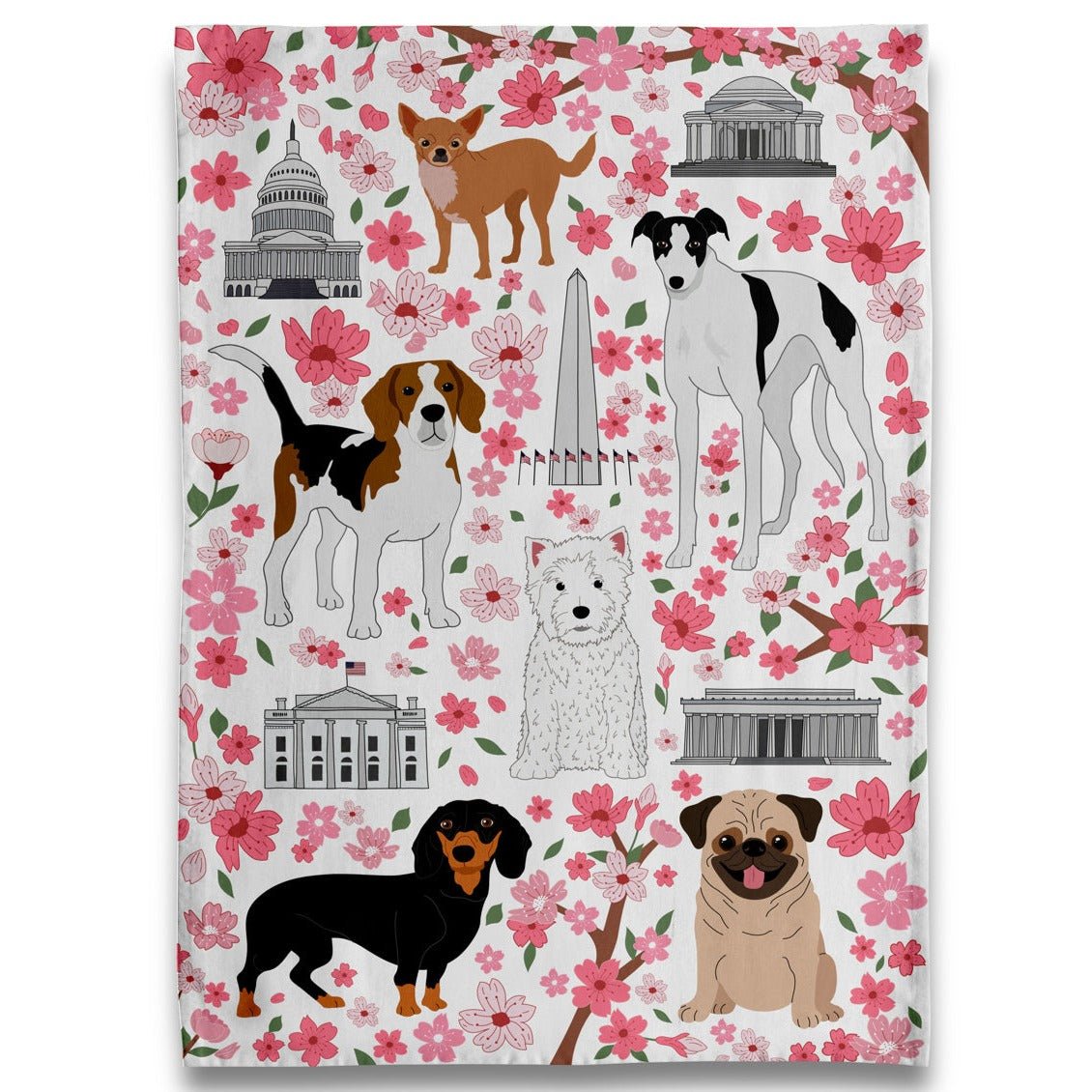 Tea Towel - Cherry Blossom Dogs - White - Gift & Gather