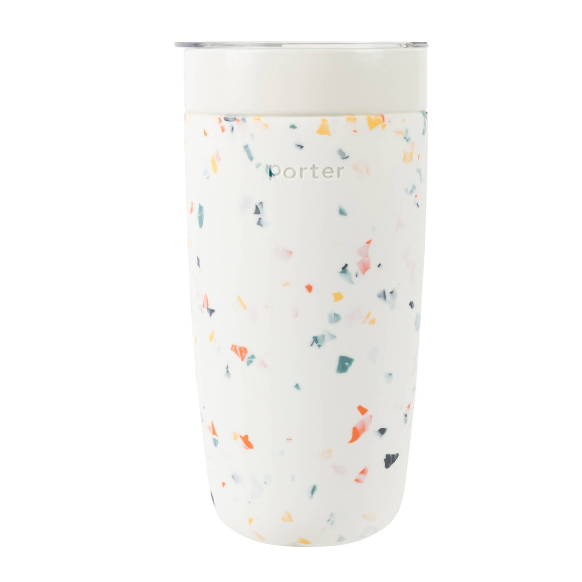 White tumbler with colorful speckles on a white background