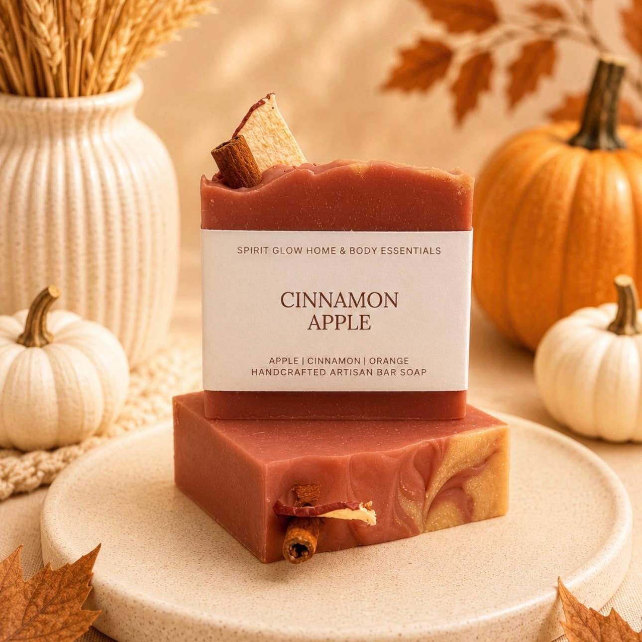 Two artisanal bar soaps stacked on a round ceramic plate, styled with autumn props including pumpkins, wheat, and leaves. The top soap is cinnamon apple, featuring a white label and a cinnamon stick garnish.