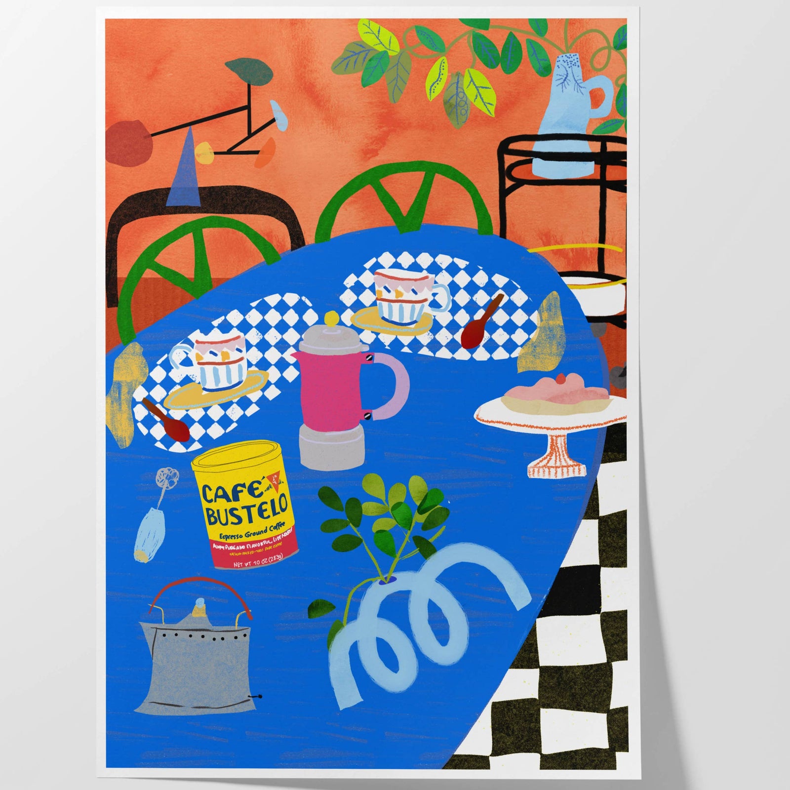 Colorful poster with a blue chair, checkered tablecloth, and cafe au lait sign on a white background