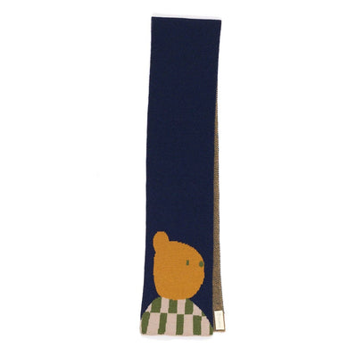 Navy blue scarf with a bear design on a white background