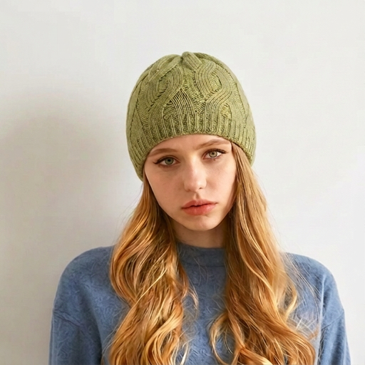Wool Cable Knit Hat - Green