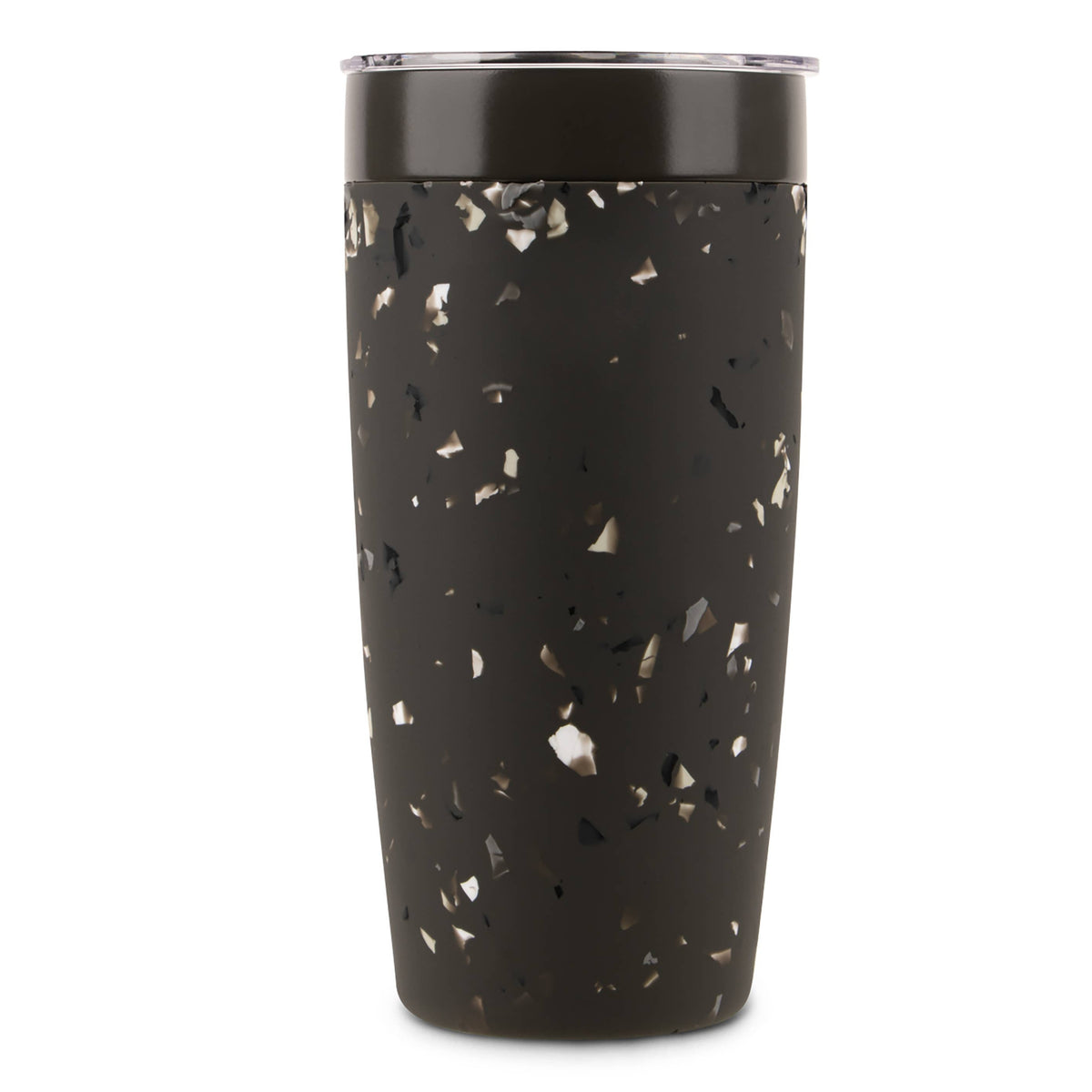 Black tumbler with speckled pattern on a white background