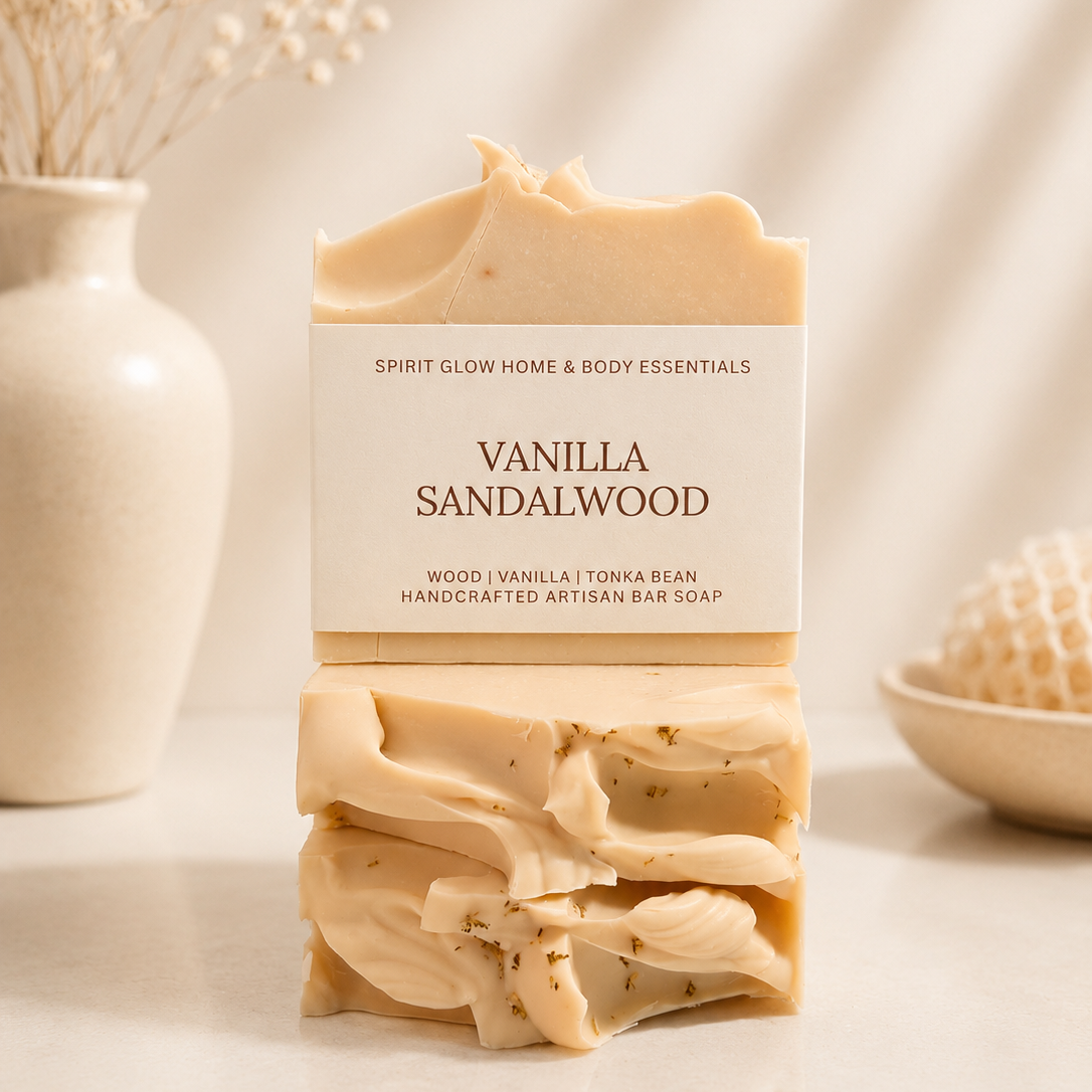 A handmade bar of Vanilla Sandalwood soap stands upright on a light surface, with a matching wrapped bar behind it. The soap is a warm cream-beige color with visible wood flecks and small green botanical bits.