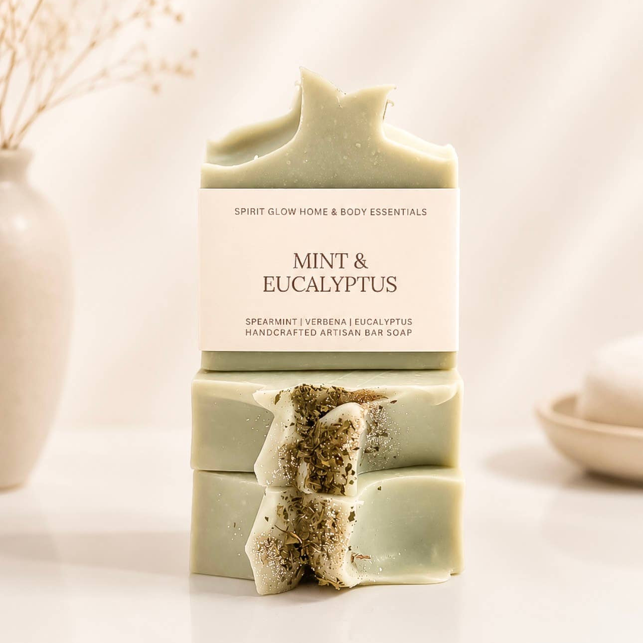 Three stacked bars of mint and eucalyptus handcrafted artisan bar soap by Spirit Glow Home & Body Essentials, displayed on a white surface with a soft-focus background.