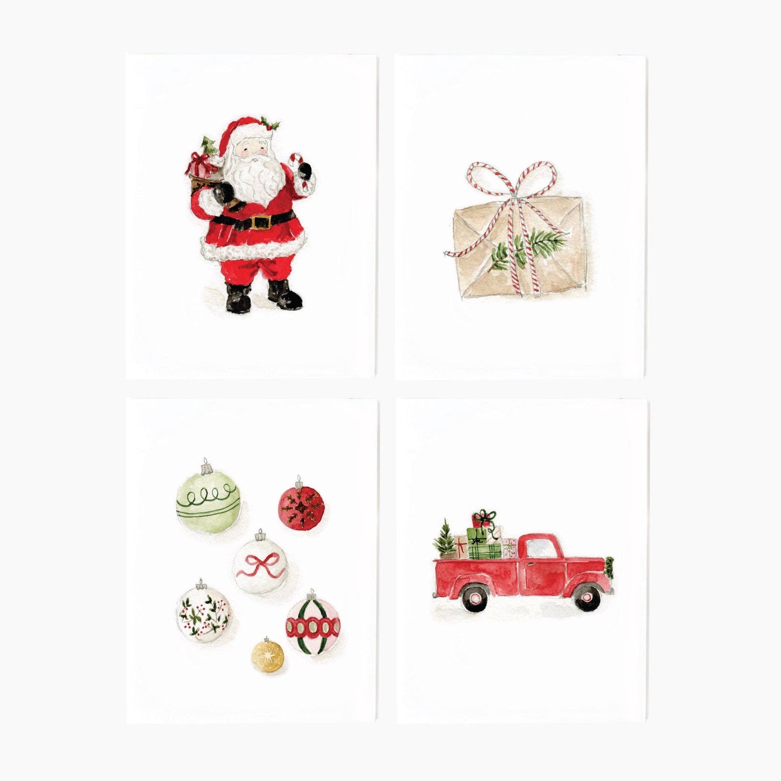 Notecard set with assorted classic Christmas illustrations on a white background