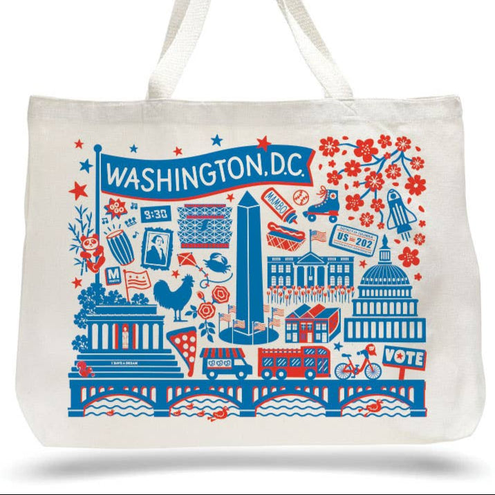 Tote bag with Washington, D.C. design featuring iconic landmarks and symbols.