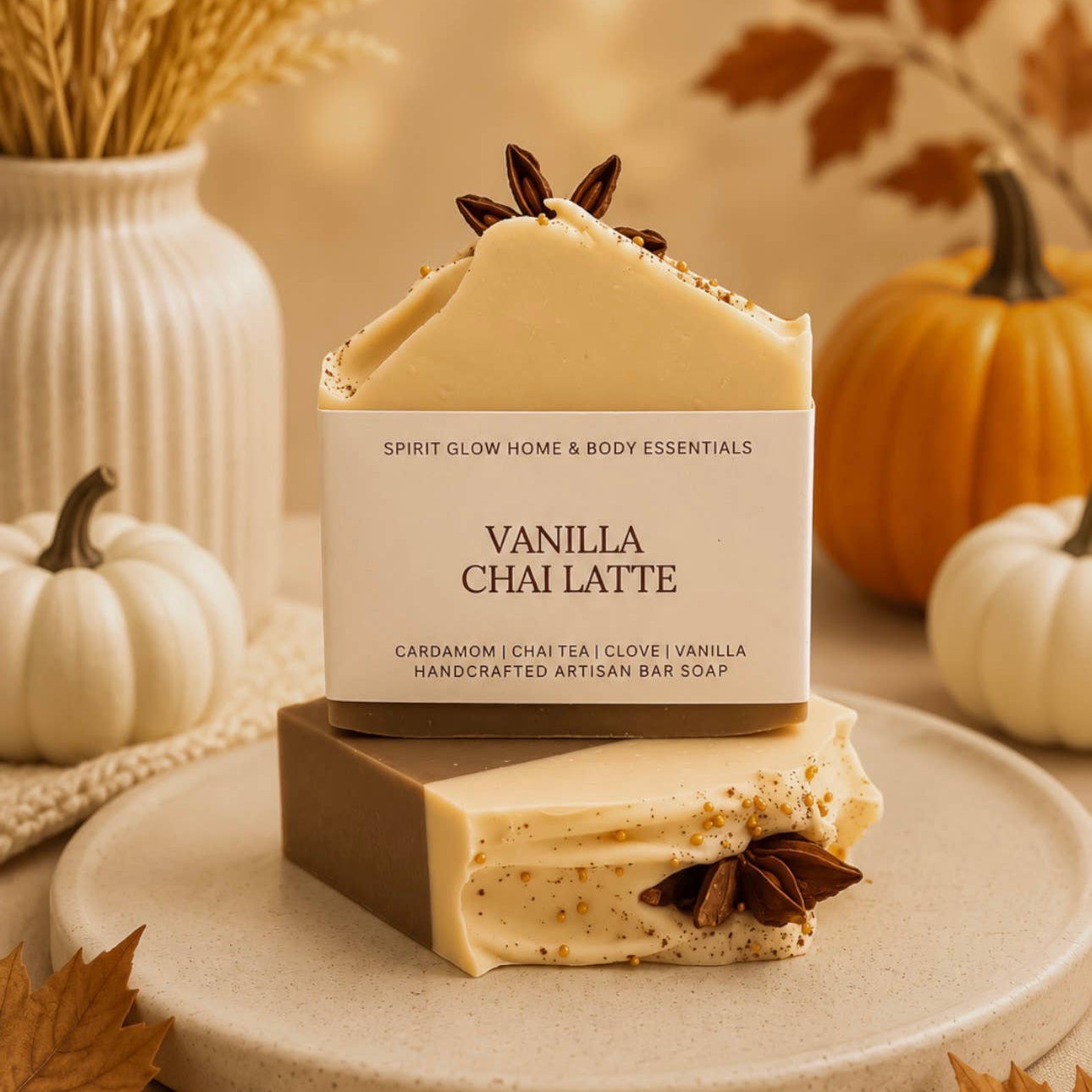 A bar of Vanilla Chai Latte artisan soap displayed on a ceramic plate, with its branded paper sleeve behind it. The soap is cream-colored, set against a warm autumnal background with pumpkins, dried grass, and leaves.
