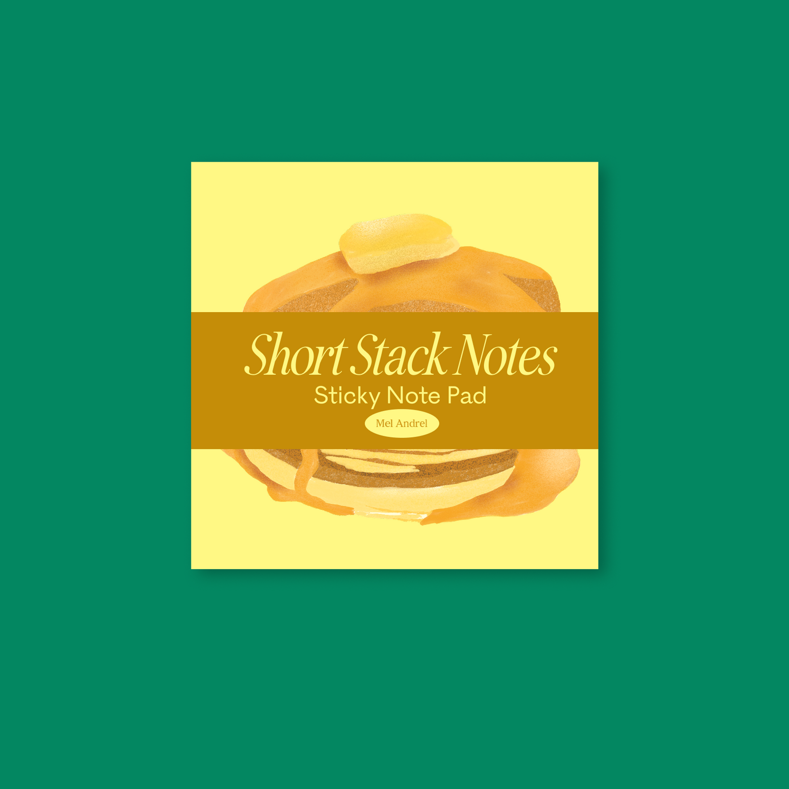 A square sticky note pad with an illustration of pancakes centered on a solid green background. 