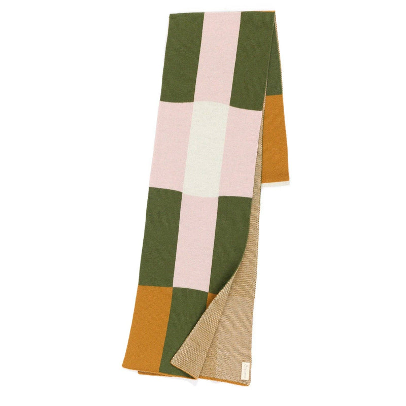 A long knit scarf with a colorful patchwork checkerboard pattern, featuring blocks of lavender, pale yellow, light blue, coral orange, and pink, displayed on a clean white background.