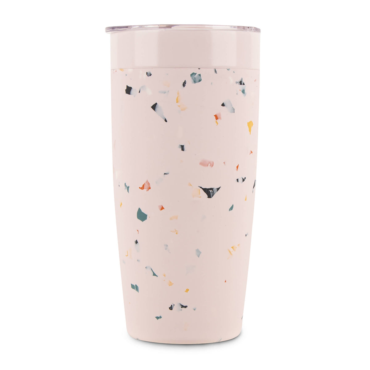 Pink tumbler with multicolor speckled pattern on a white background