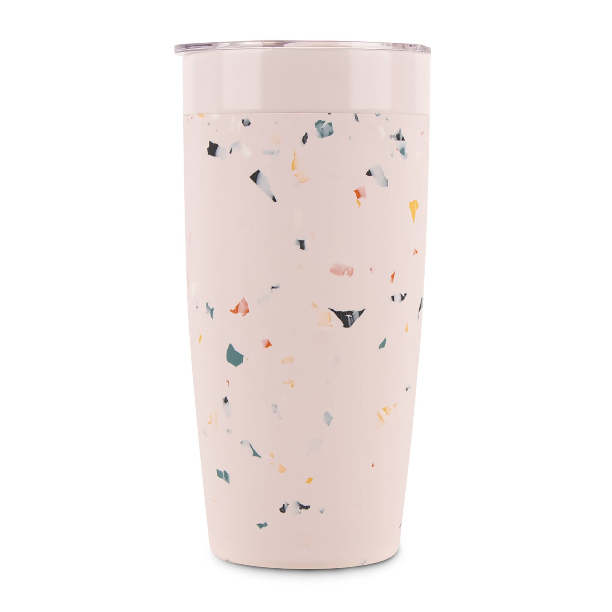 Pink tumbler with multicolor speckled pattern on a white background