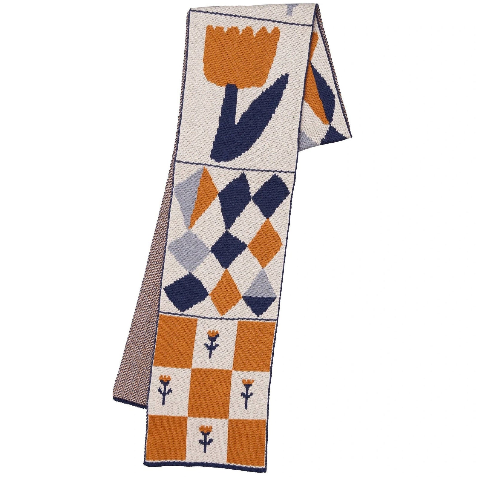 Knitted scarf with floral and diamond pattern on a white background