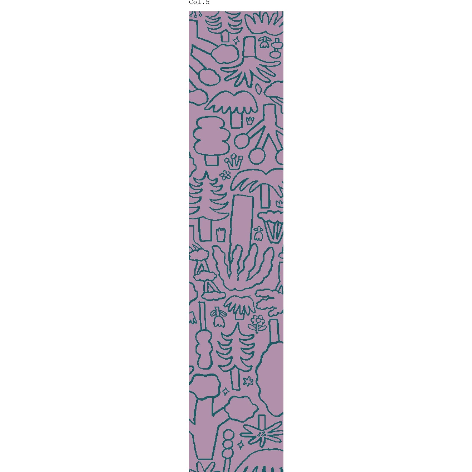 A tall, Scarf on a white background, showing a lavender-purple ground with dark teal abstract line-art pattern. 