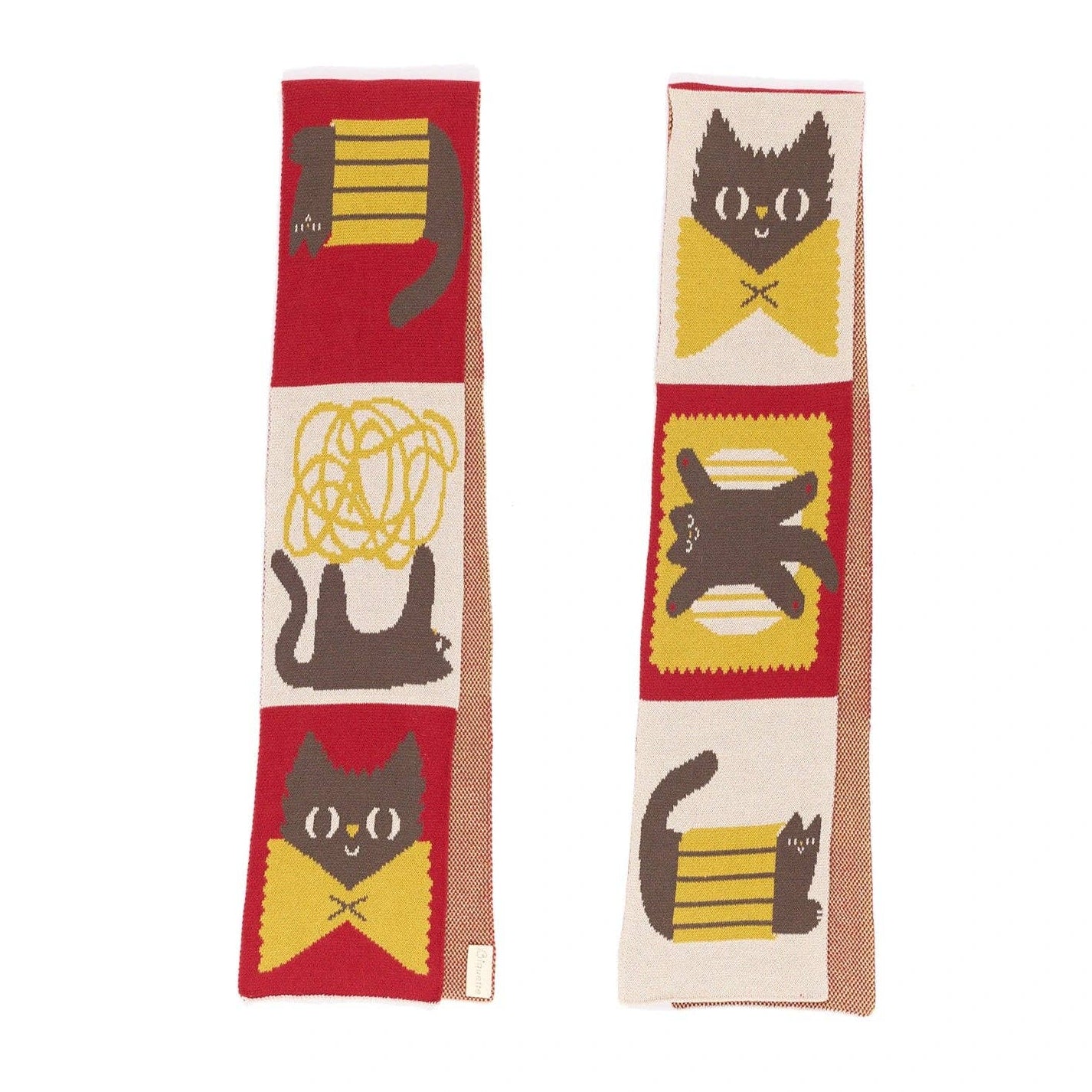 Cat-themed scarves with colorful designs on a white background
