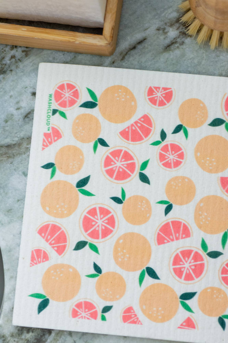 Dishcloth with fruit pattern on a kitchen counter