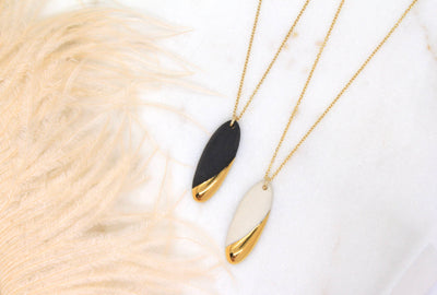 Gold Dipped Long Oval Necklace: Black