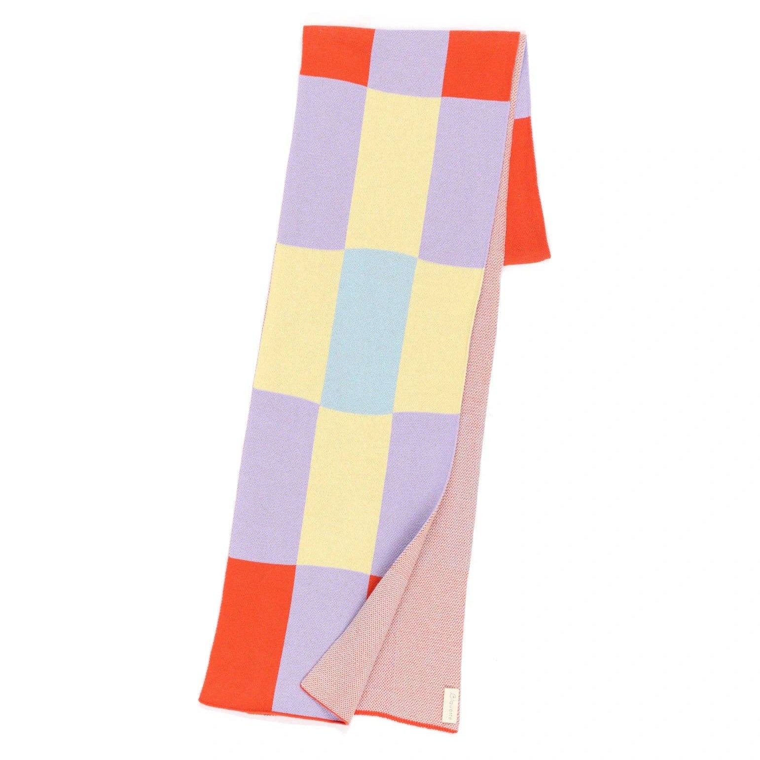 A long knit scarf with a colorful patchwork checkerboard pattern, featuring blocks of lavender, pale yellow, light blue, coral orange, and pink, displayed on a clean white background.