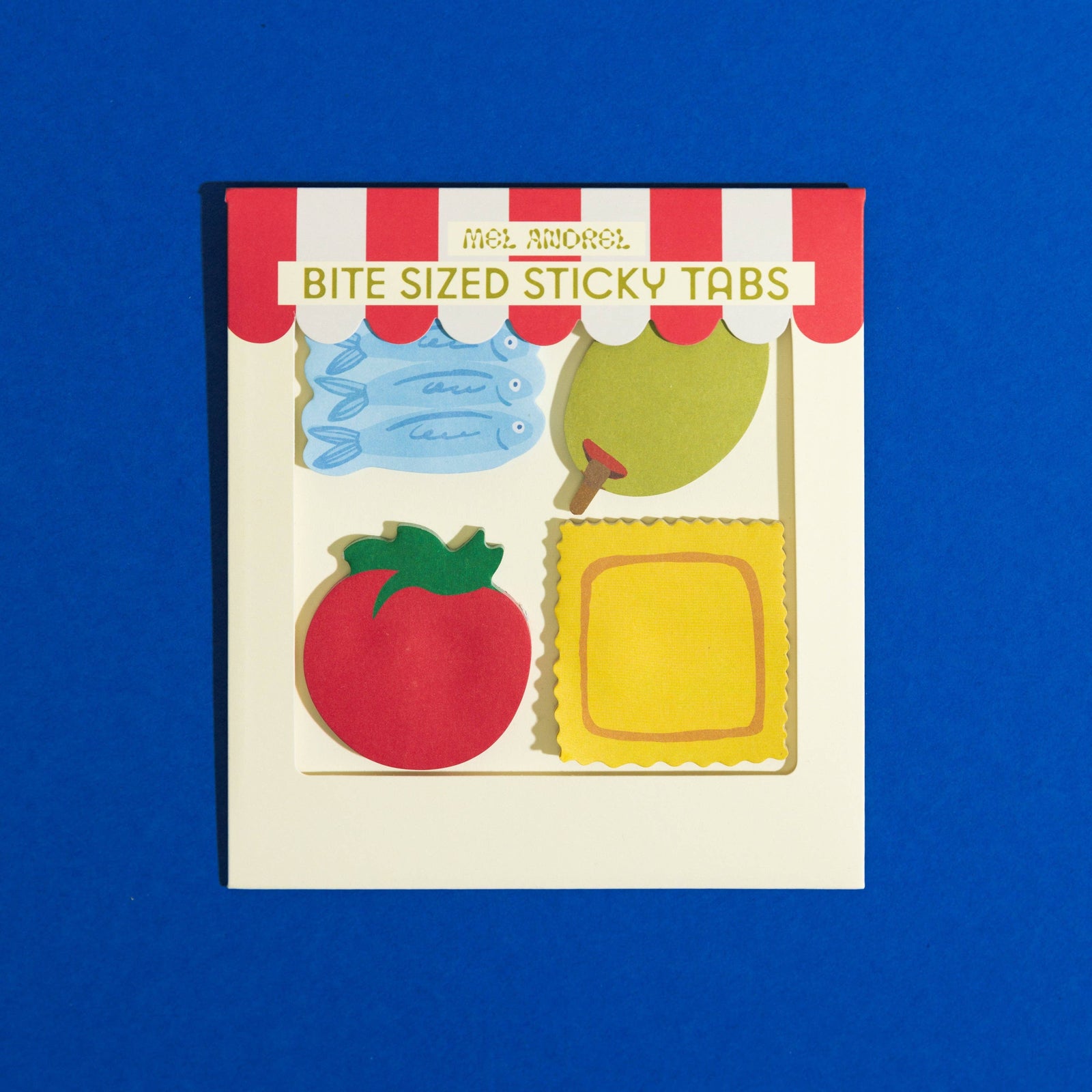 Pack of bite-sized sticky tabs with colorful designs on a blue background