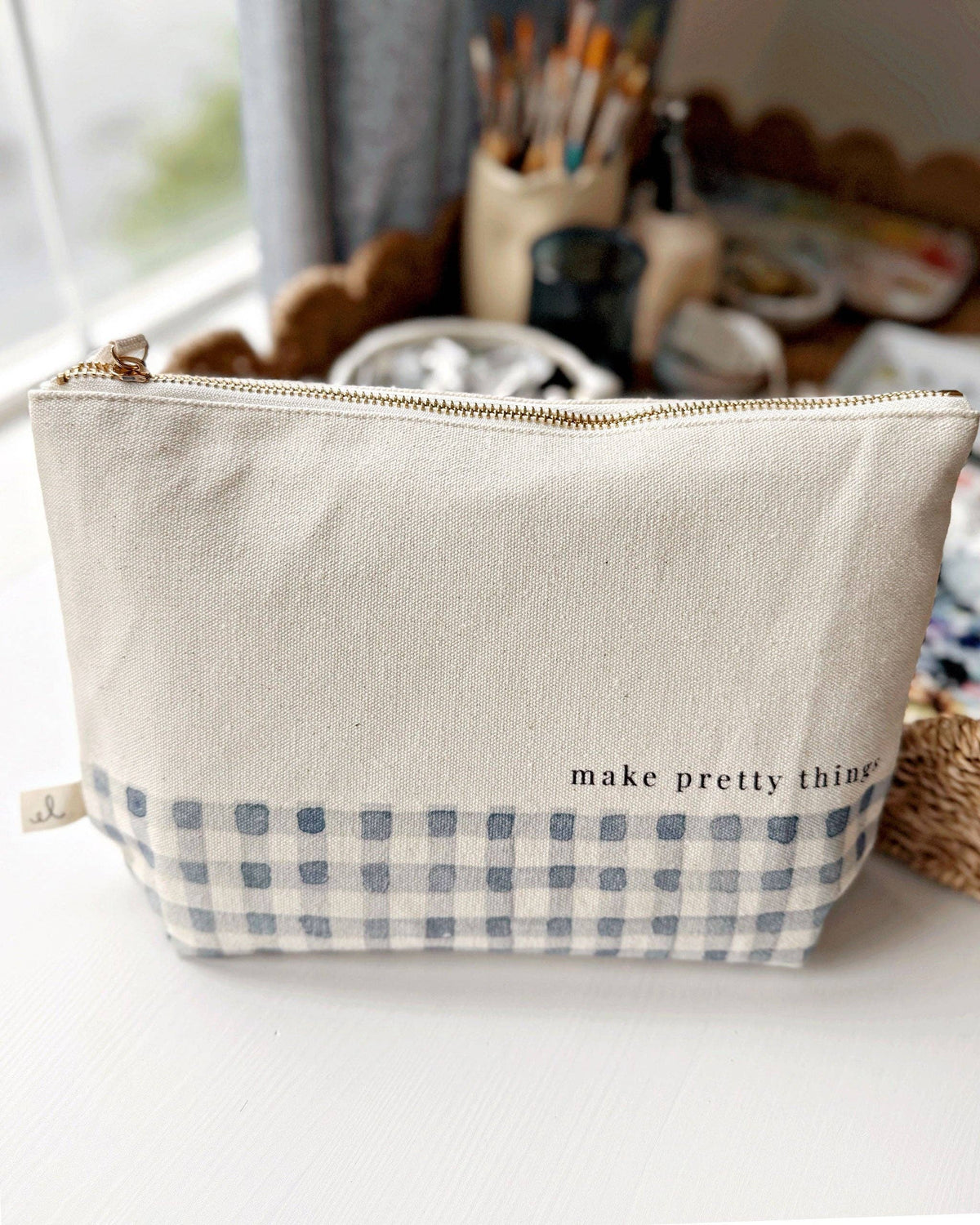 Canvas Zipper Pouch - "make pretty things" Gingham