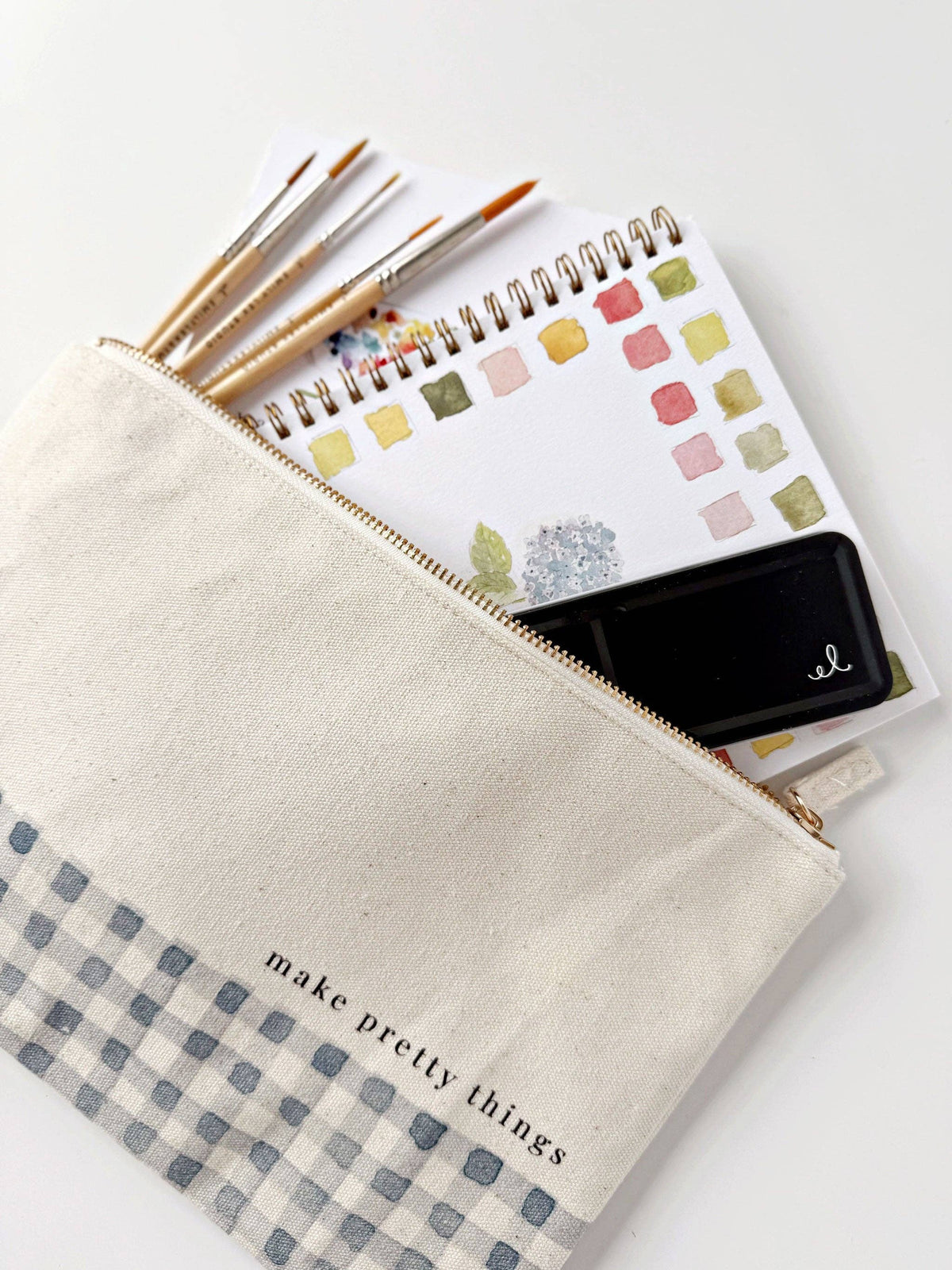 Canvas Zipper Pouch - "make pretty things" Gingham
