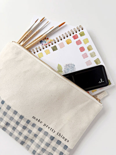 Canvas Zipper Pouch - "make pretty things" Gingham