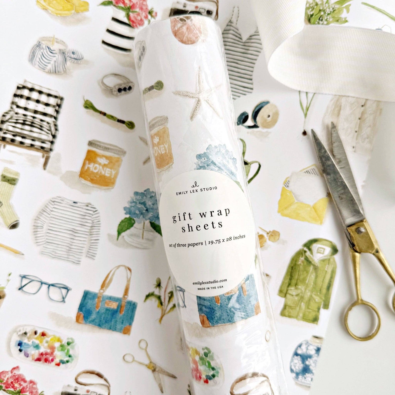 Gift wrap sheets with illustrations on a white background