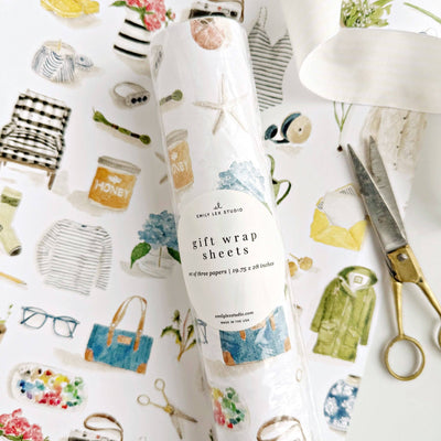 Gift wrap sheets with illustrations on a white background