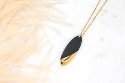 Gold Dipped Long Oval Necklace: Black