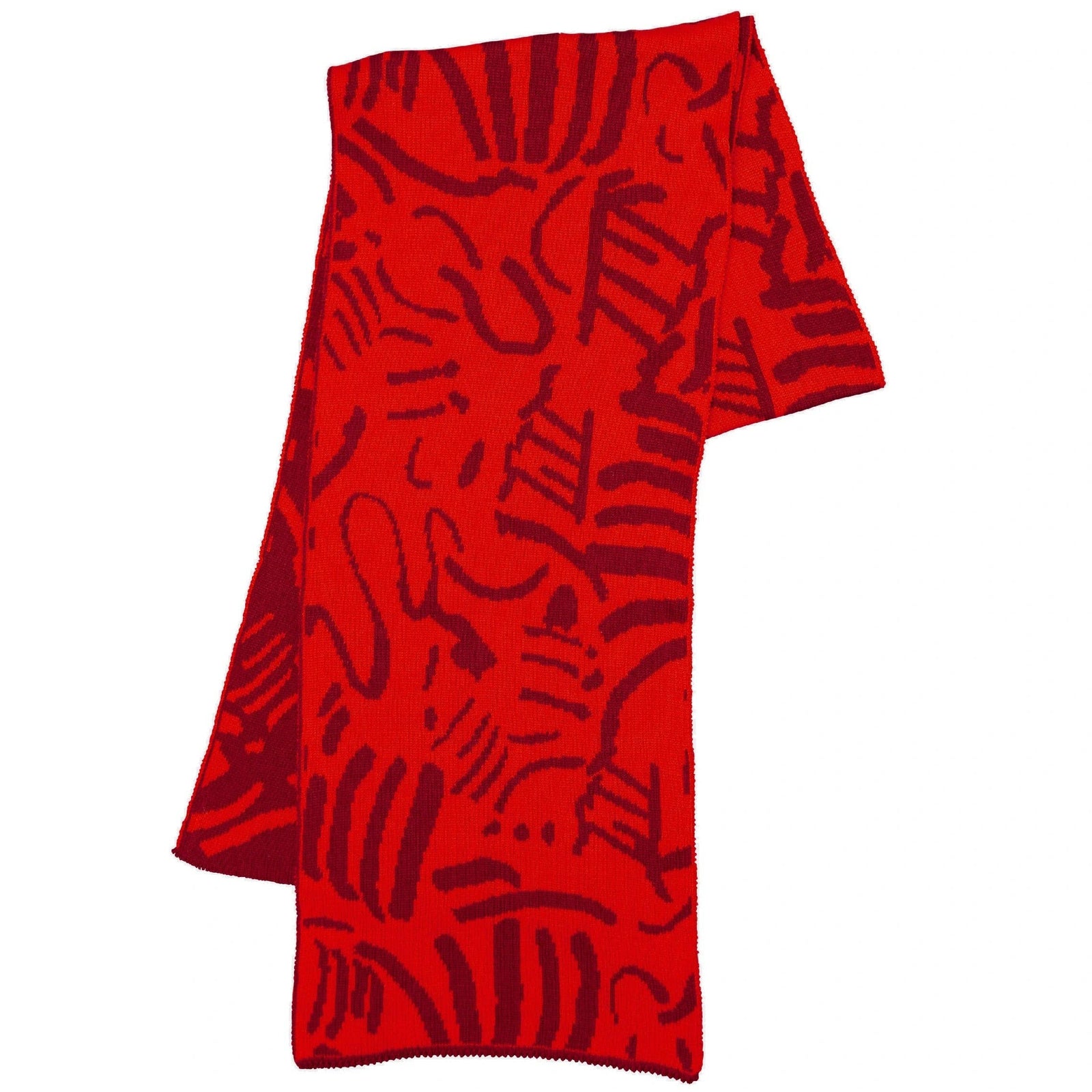 Red scarf with abstract pattern on a white background