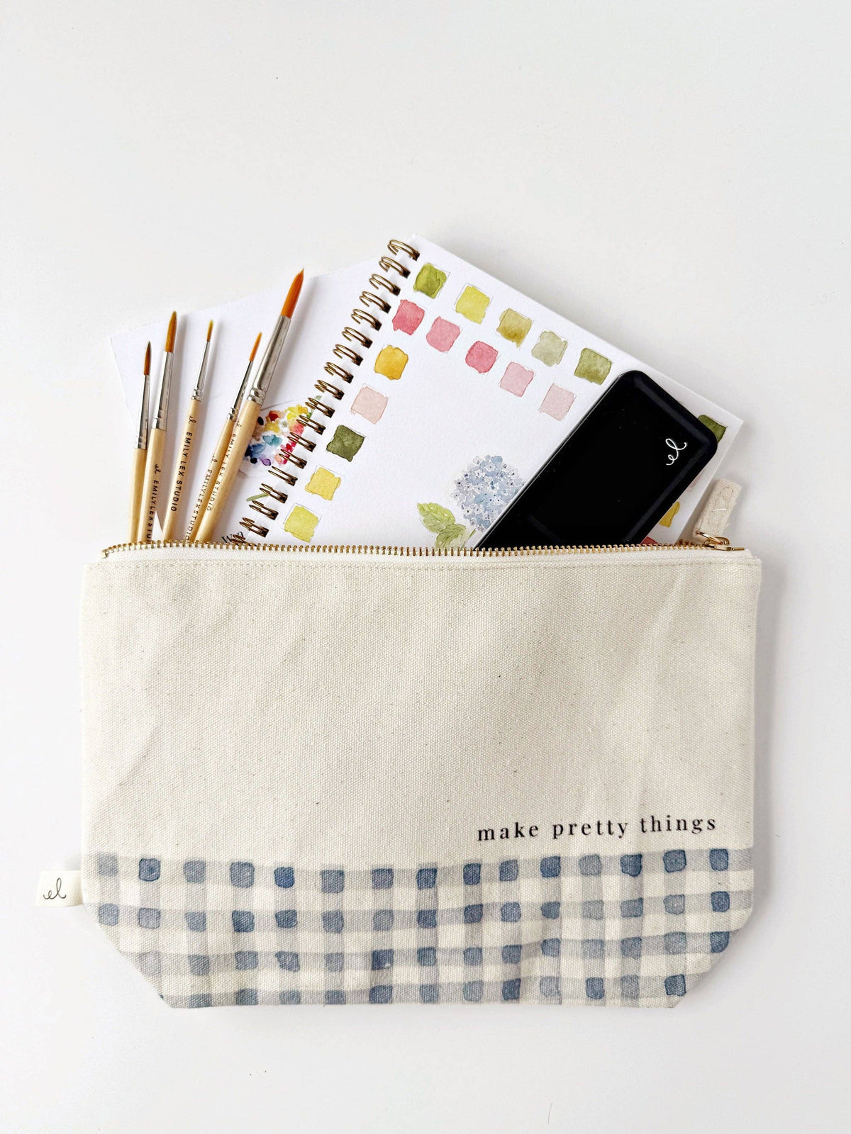 Canvas Zipper Pouch - "make pretty things" Gingham