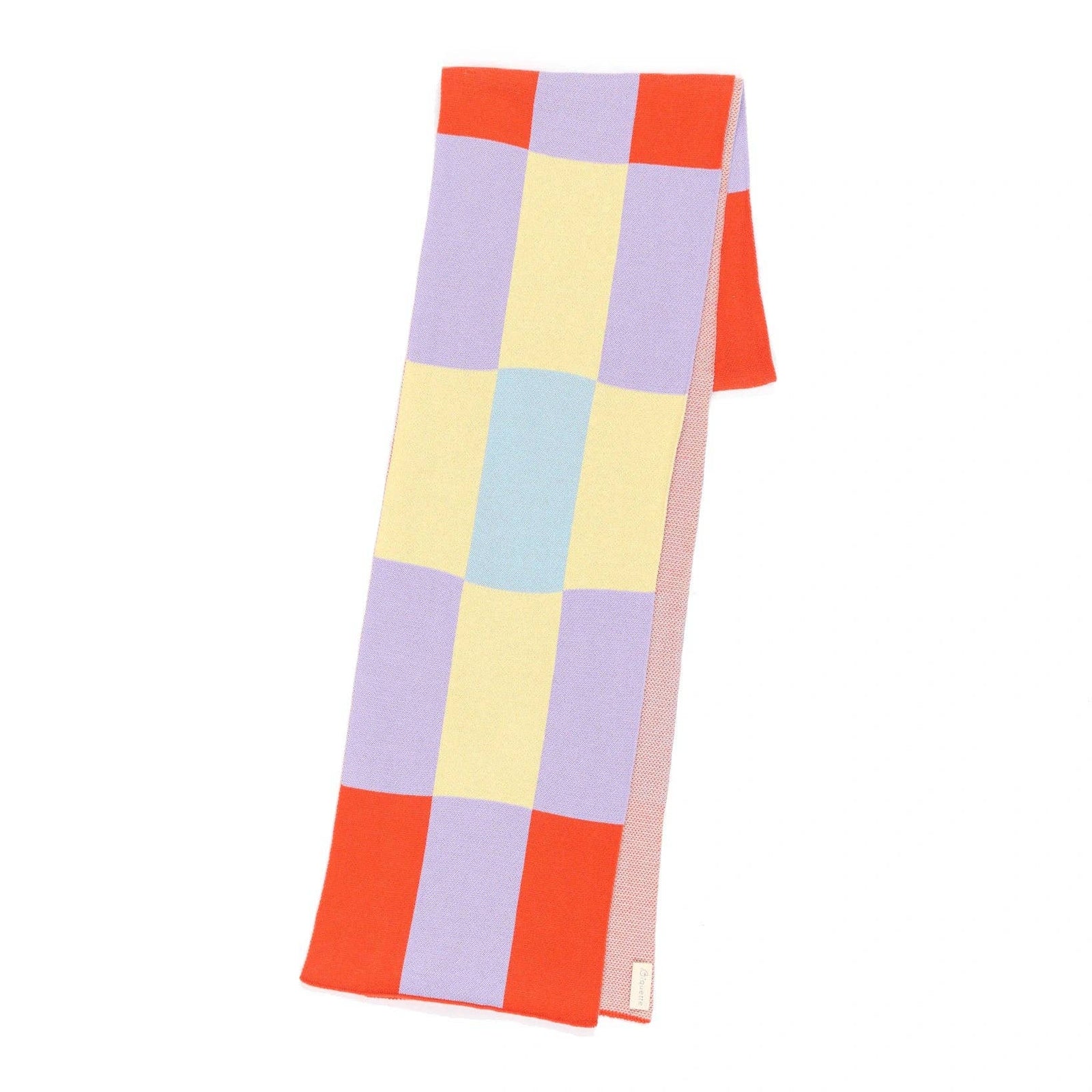 A folded checkered scarf with pastel purple, pale yellow, light blue, and bright orange blocks, shown on a plain white background.