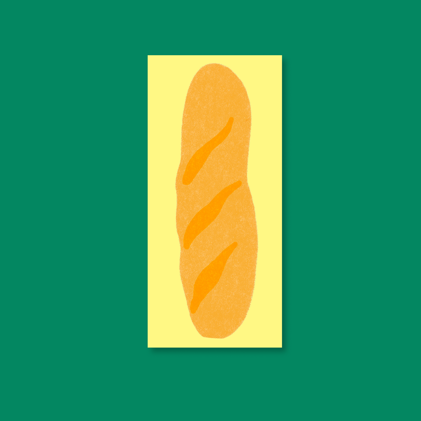 A minimalist graphic illustration of a baguette on a yellow rectangular notepad, centered against a solid green background.