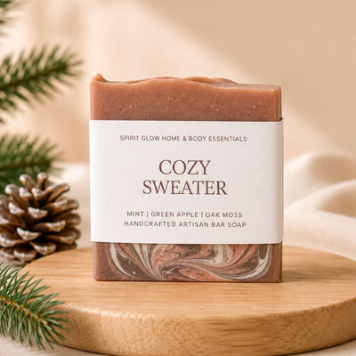 A handmade bar of soap labeled 'Cozy Sweater' resting on a round wooden tray with pine branches and a pinecone in a warm beige setting.
