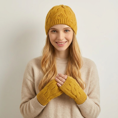 Wool Cable Knit Hat / Fingerless Gloves *Sold separately: Hat / Mint