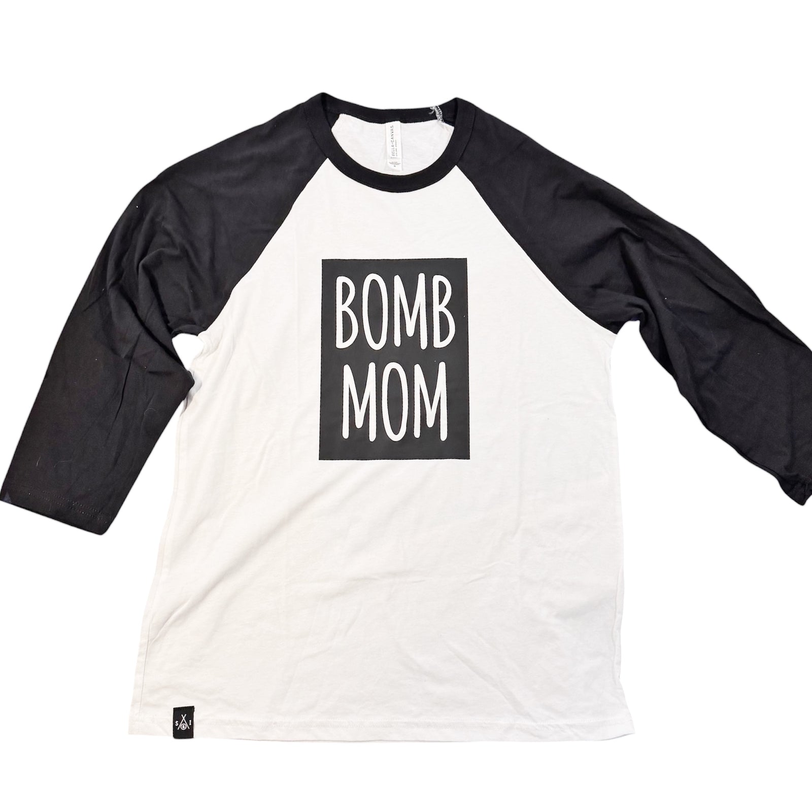 Woman's Raglan Shirt - Bomb Mom - Black & White/Black Matte Block