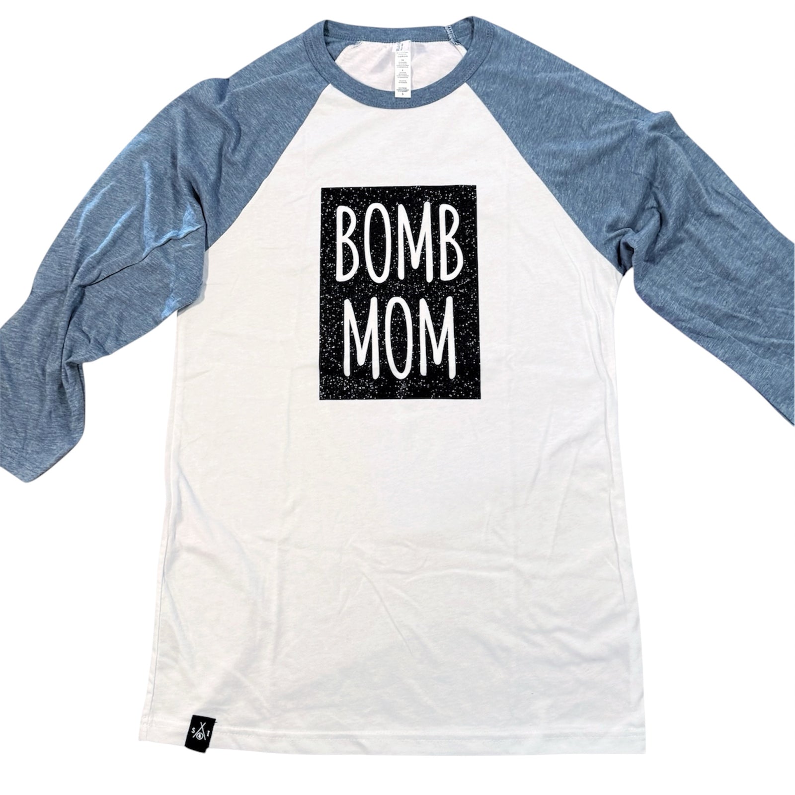 Woman's Raglan Shirt - Bomb Mom - Blue & White/Black Glitter Block