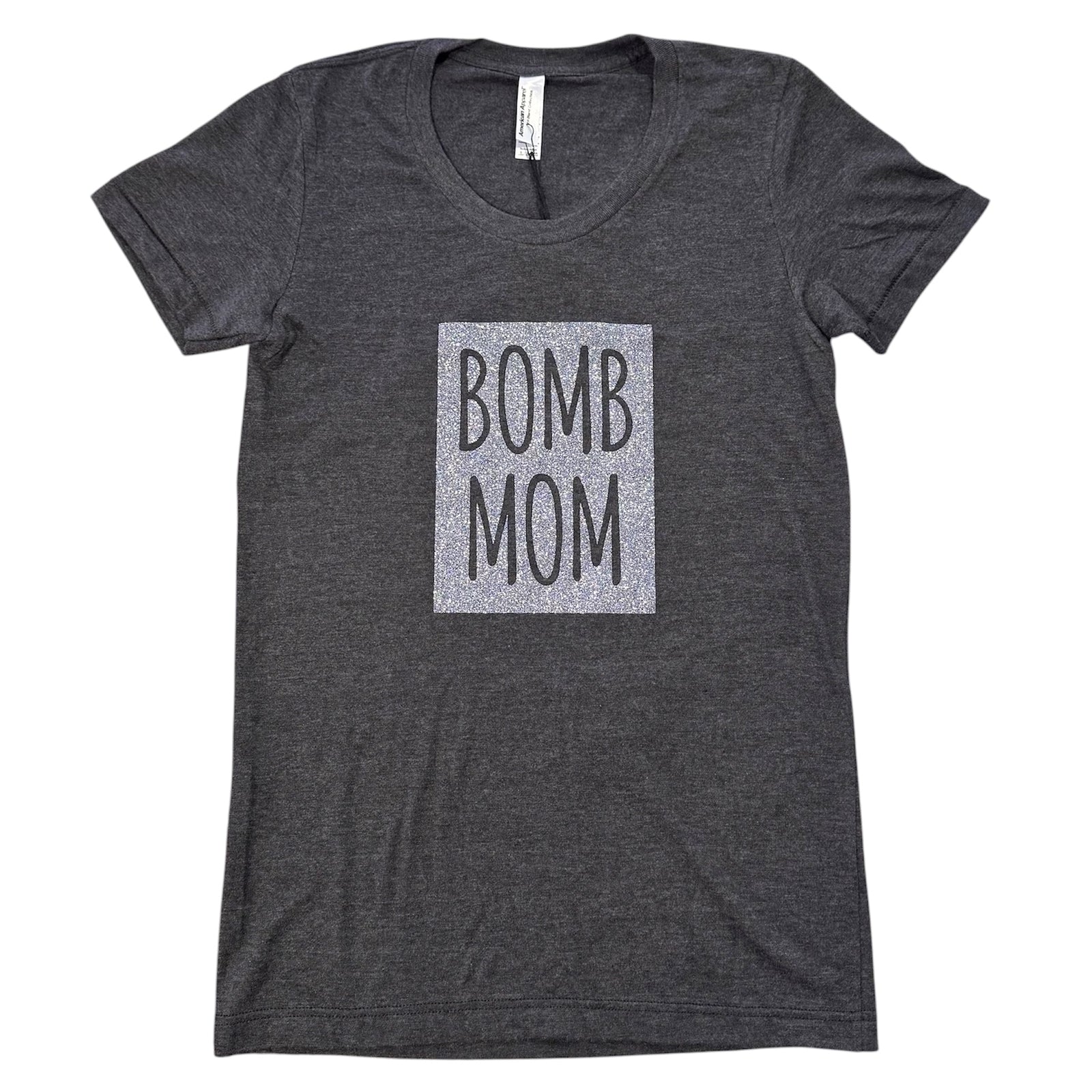 Women's Tee - Bomb Mom - Tri-Black/Silver Glitter Block