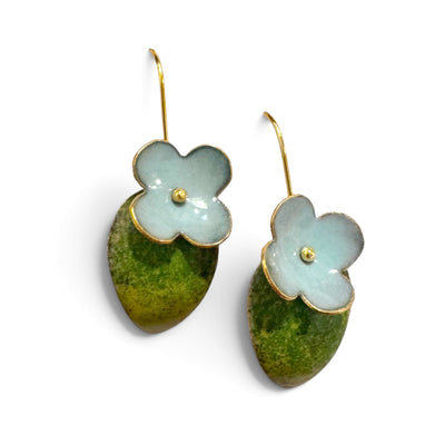Earrings - Flower On Green Leaf