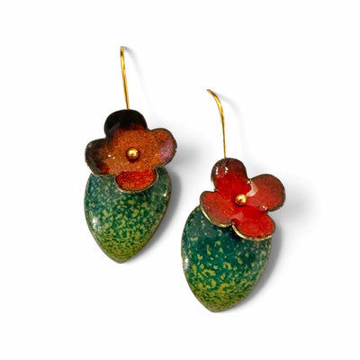 Earrings - Flower On Green Leaf