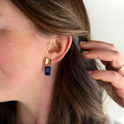 Earrings - Studs - Brass Square With Lapis Lazuli