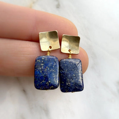 Earrings - Studs - Brass Square With Lapis Lazuli