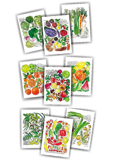 A set of illustrated vegetable-themed cards or prints arranged on a white background, each showing colorful drawings of different vegetables such as broccoli, eggplant, asparagus, citrus, tomatoes, watermelon, herbs, and peppers.