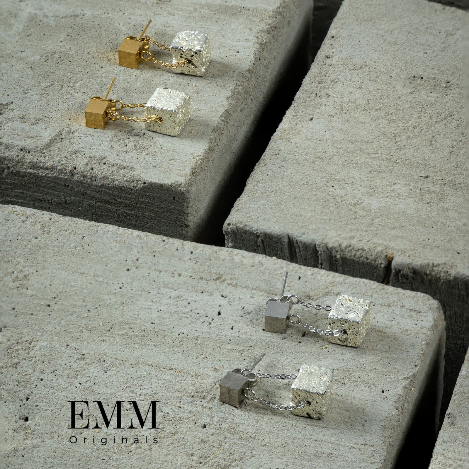 Earrings - Cube Stud With Lava Chain