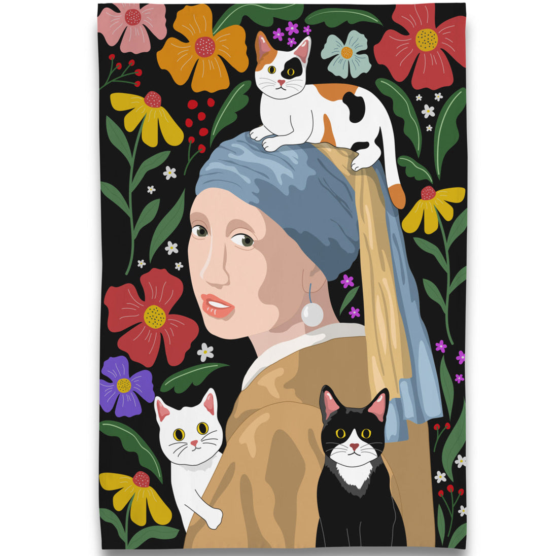 Kitchen Towel - Girl With Pearl Earring & Three Cats