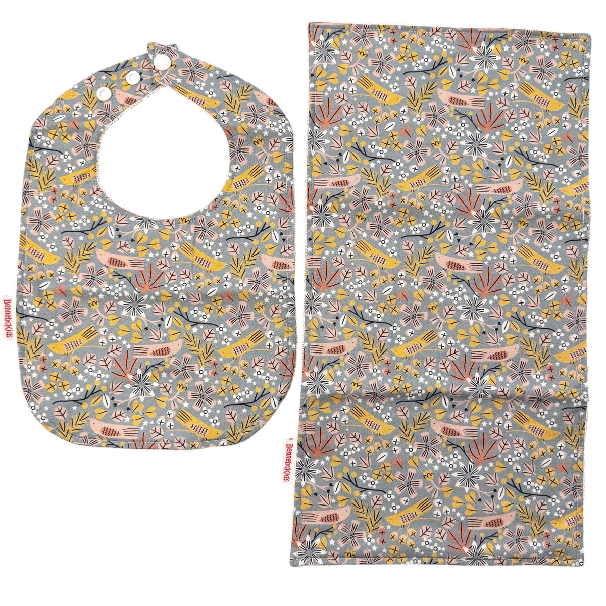 Bib & Burp Cloth Set - Gray Birds