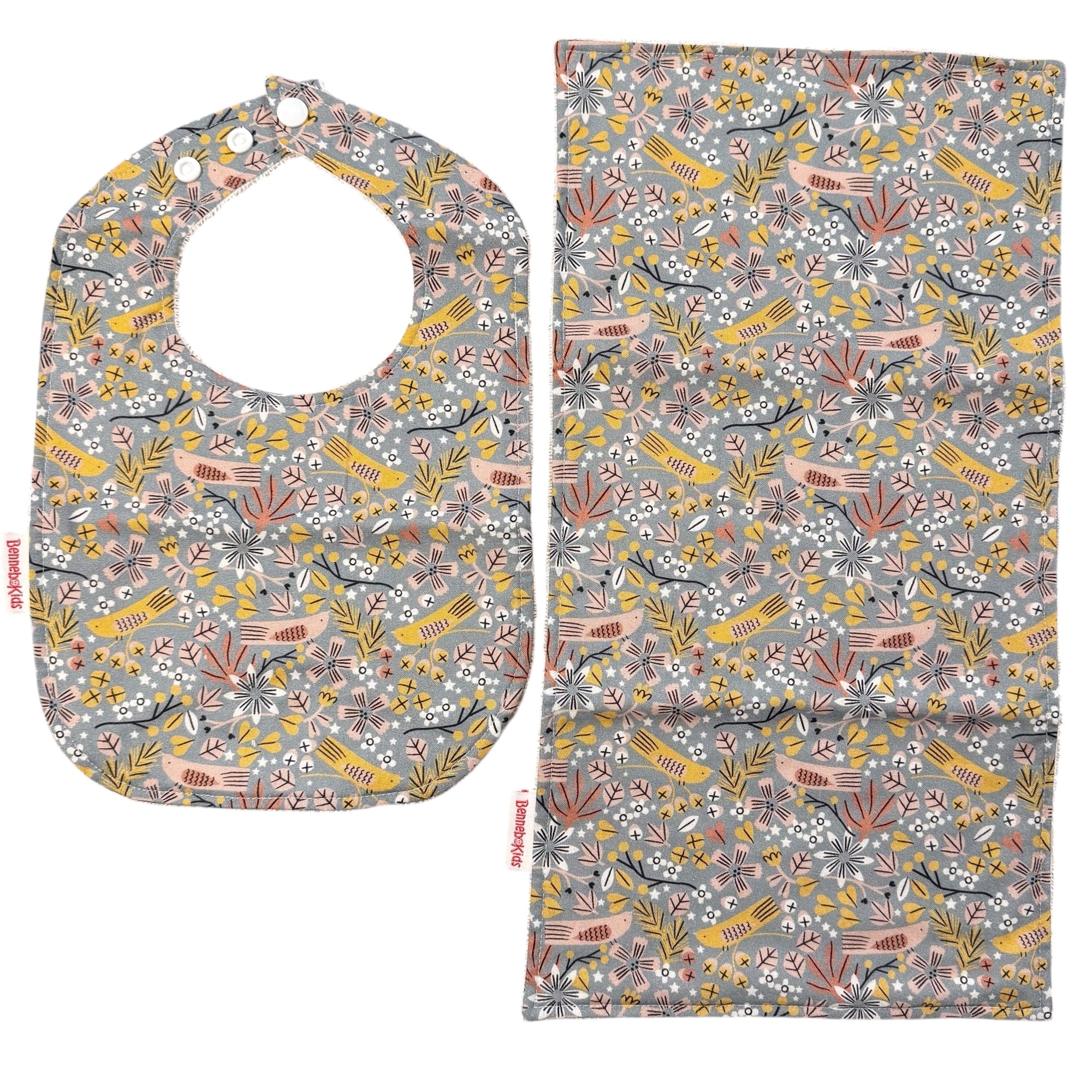 Bib & Burp Cloth Set - Gray Birds