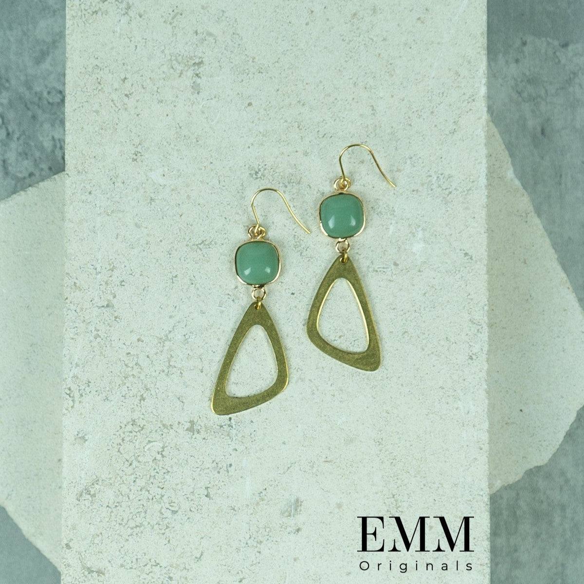 Earrings - Hollow Triangle With Mint Gemstone