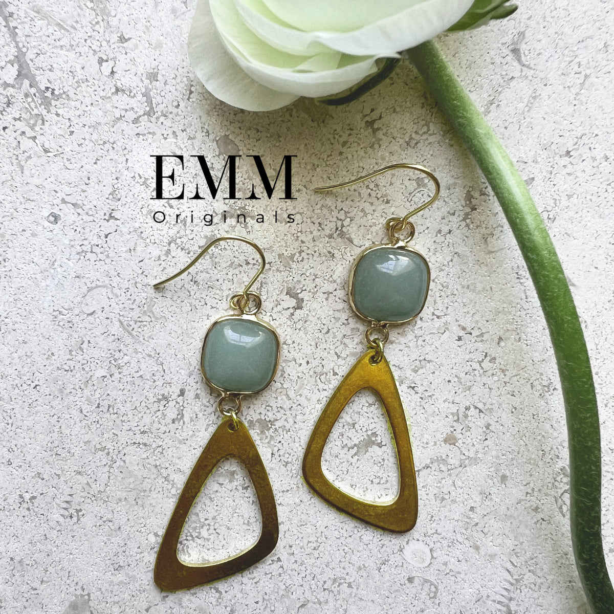 Earrings - Hollow Triangle With Mint Gemstone